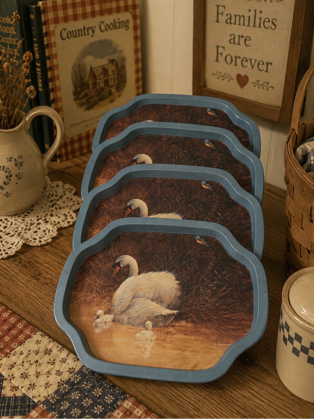 Vintage 1988 Giordano Swan Lap Trays Set of 4 Nesting Giftco Cottagecore